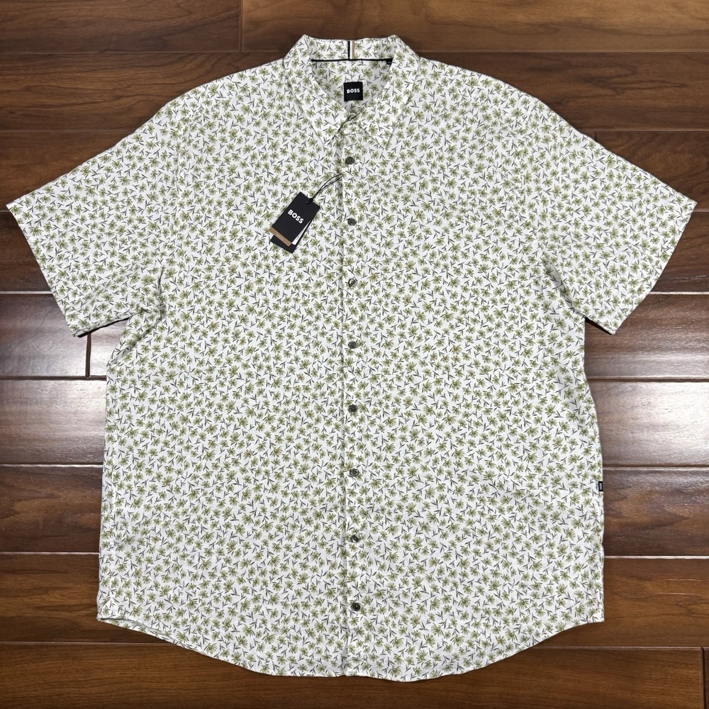 Hugo Boss Men's Size 4XL Green Floral‎ Roan Linen Button Up Short Sleeve Shirt